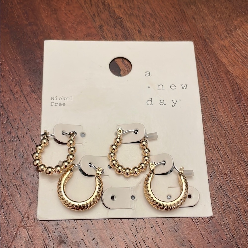 A New Day Gold Multi textured Small gold tone Hoop Earrings New 2pair